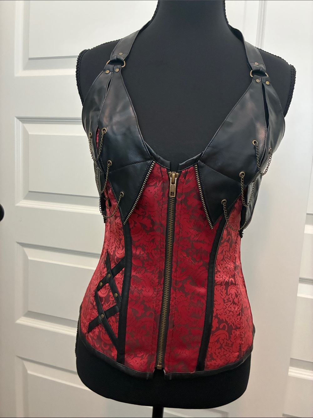 NWOTS Red Brocade Corset with Black Faux Leather Harness
